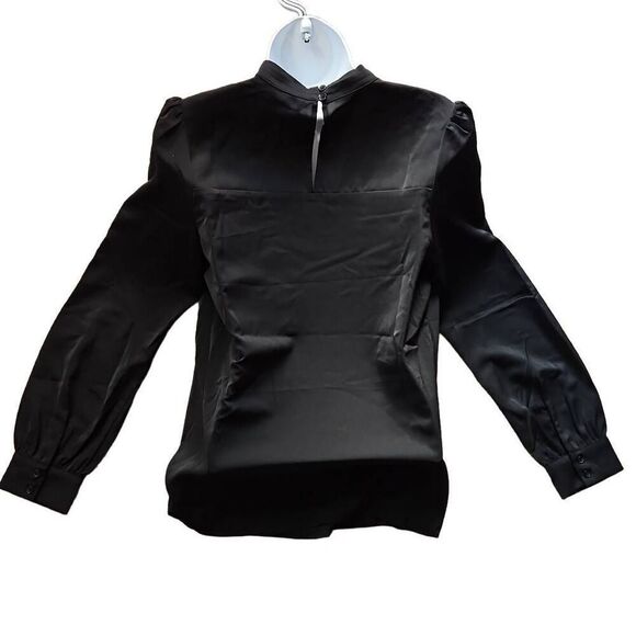 Allegra K Long Sleeve Satin Blouse Black Small - Picture 2 of 6